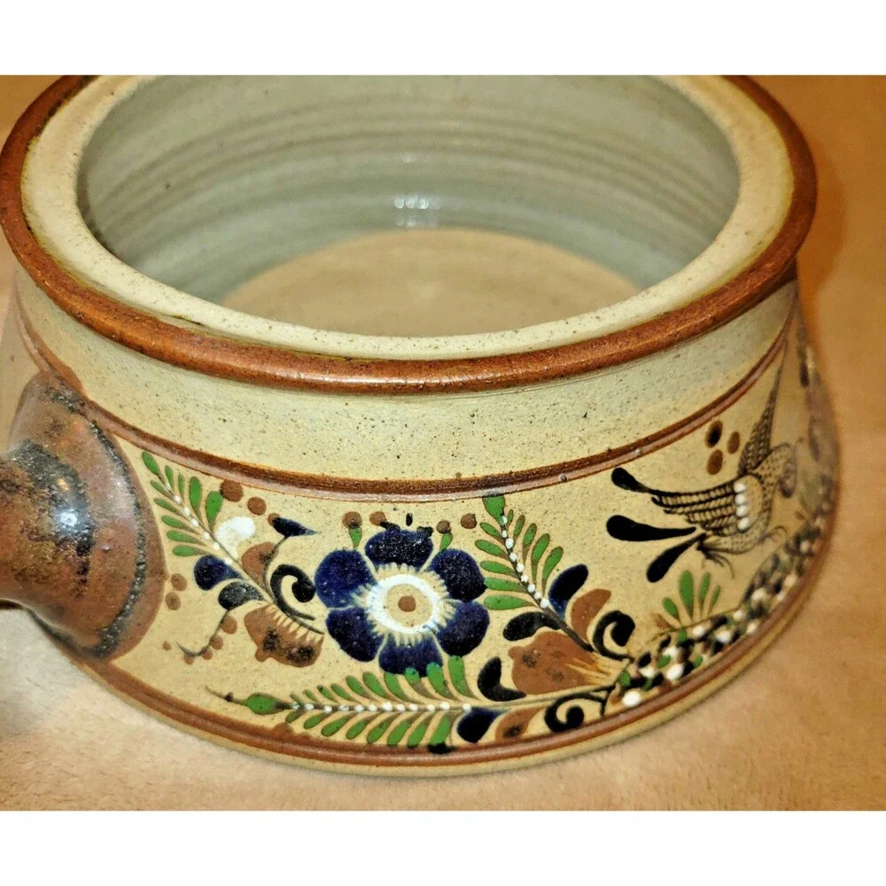 Vintage Netzi Tonala Mexican Pottery Large Soup Tureen Lidded Bowl Bird Floral